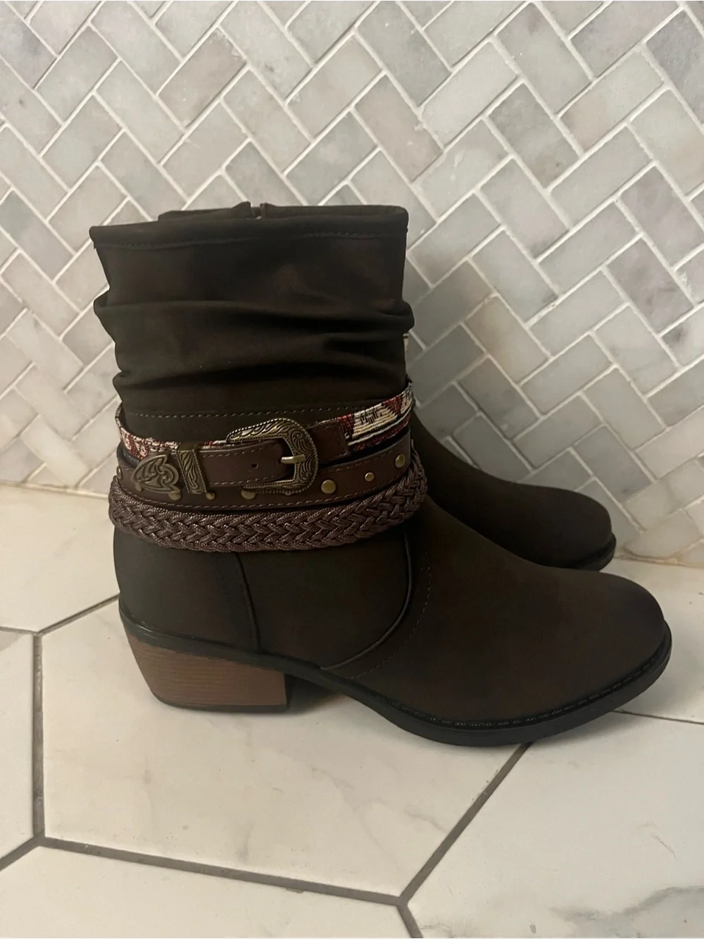 Roper Dark Brown Slouch Ankle Boots with Braided and Buckle Strap